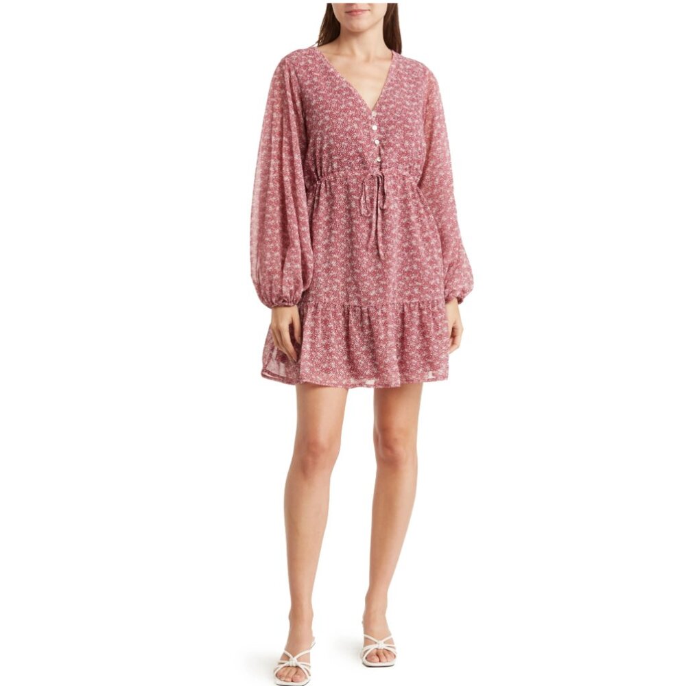 WISHLIST Floral Button Front Long Sleeve Tiered Minidress